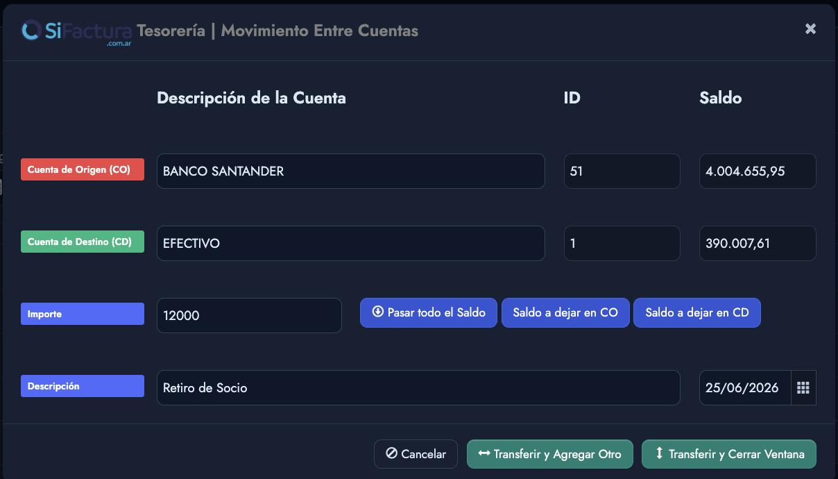 Movimiento entre cuentas de tesorería en SiFactura